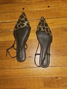 Rampage Leopard Sequin Pointed Toe Slingback Flats - Black/Brown/Gold